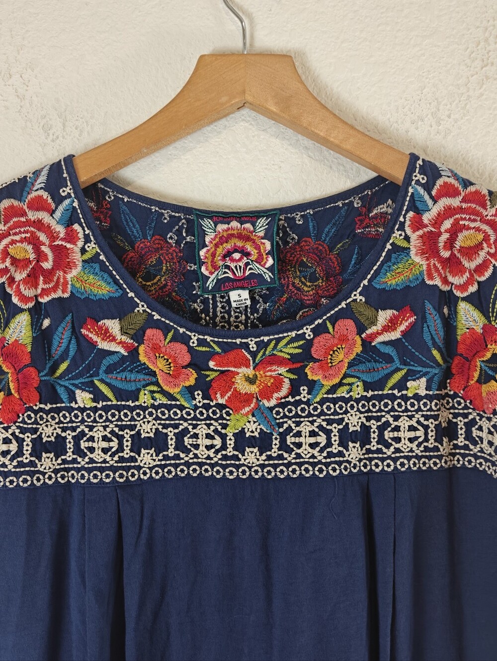 Johnny Was Navy Floral Embroidered Cotton Mini Dress S Boho Pockets - Picture 6 of 11